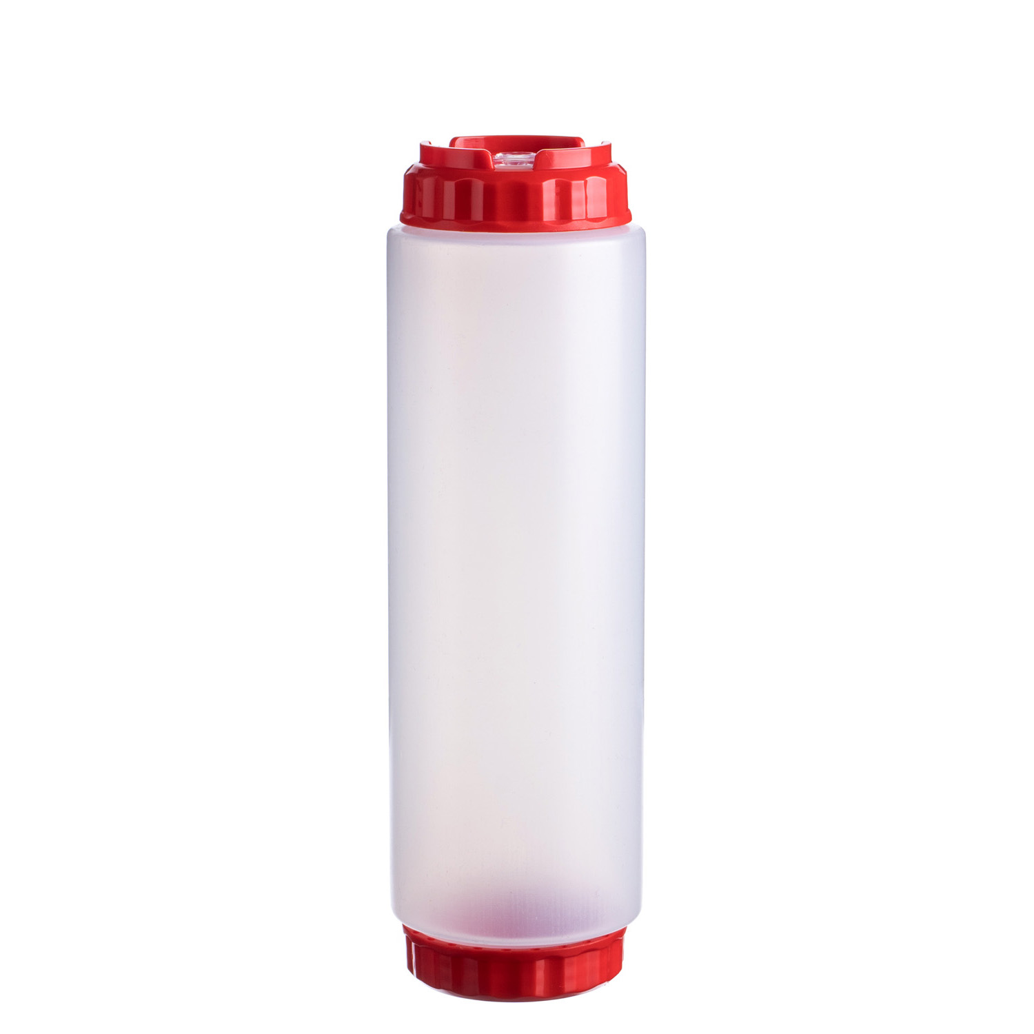 Емкость для соуса 1000 мл. d=75 мм. h=257 мм. c 2 крышками, с силик. носик. прозрачная, крышки красные GP /1/96/