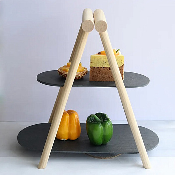 Этажерка 2-х ярусная 31*13,5/41*18,5 см. h=37 см. овальная с дерев. ножкой черная, сланец MGprof /1/5/ АКЦИЯ