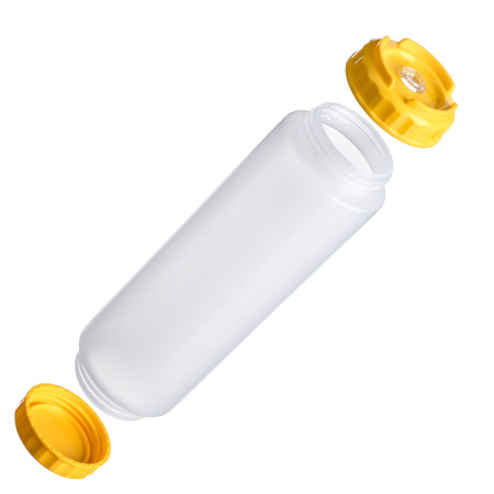 Емкость для соуса 1000 мл. d=75 мм. h=257 мм. c 2 крышками, с силик. носик. широкая прозрачная, крышки желтые GP /1/96/