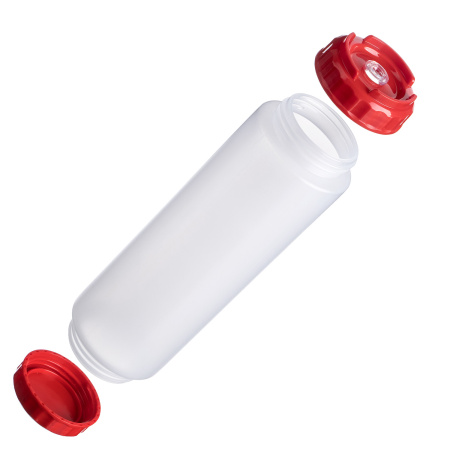 Емкость для соуса 1000 мл. d=75 мм. h=290 мм. c 2 крышками, с силик. носик. прозрачная, крышки красные GP /1/96/