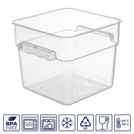 Контейнер для продуктов квадратный  6,7 л. 22*22*19 см. с мерной шкалой, прозрачный, п/п, без крышки (крышка 76712, 76711, 76710, 76713) GP /1/12/