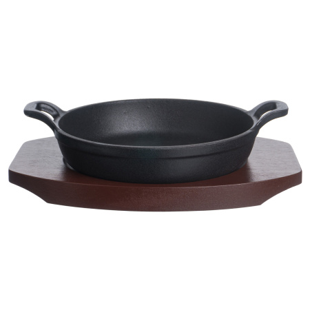 Сковорода порц. d=14 см. h=4,5 см. 0,35 л. чугун. с 2 ручками на дерев. подставке /1/