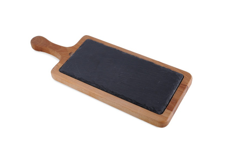 Блюдо для подачи прямоуг. 38*15 см. h=2 см. черное, сланец, на дерев. подставке с ручкой MGprof /1/ АКЦИЯ