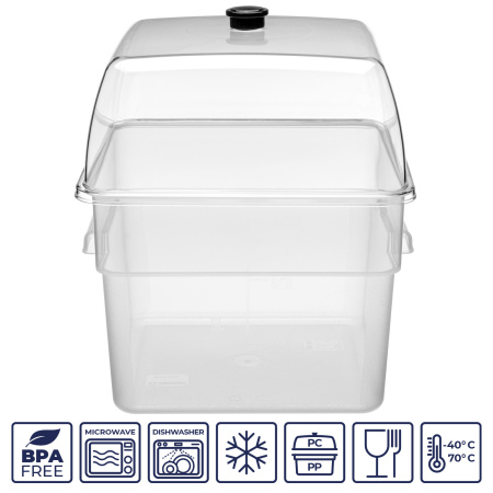 Контейнер для продуктов квадр. 11,4 л. 28*28*21 см. с мерн.шкалой, прозрач, п/п, б/крышки, штабелир. (кр.76717,76715,76714,76716,76836)GP/1/12/